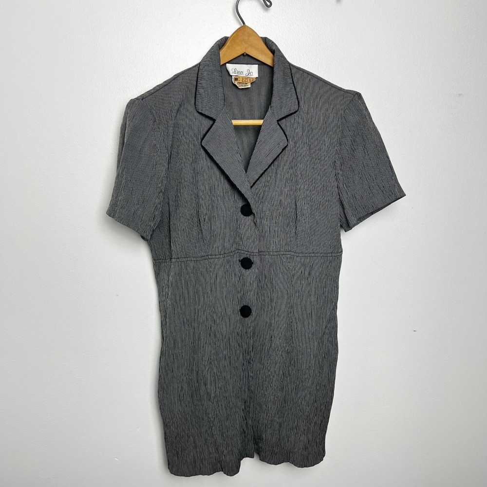 Vintage Lisa Jo Grey Pinstripe Blazer Tunic Dress Short Sleeve Button‎ Front 7/8